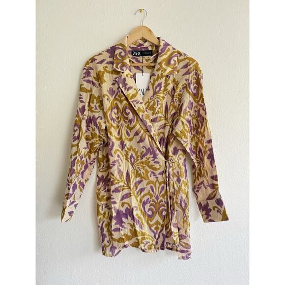 Zara Purple Metallic Gold Blazer And Pants 2 Piece‎ Set Wrap Kimono Cotton Sz L - Picture 3 of 13